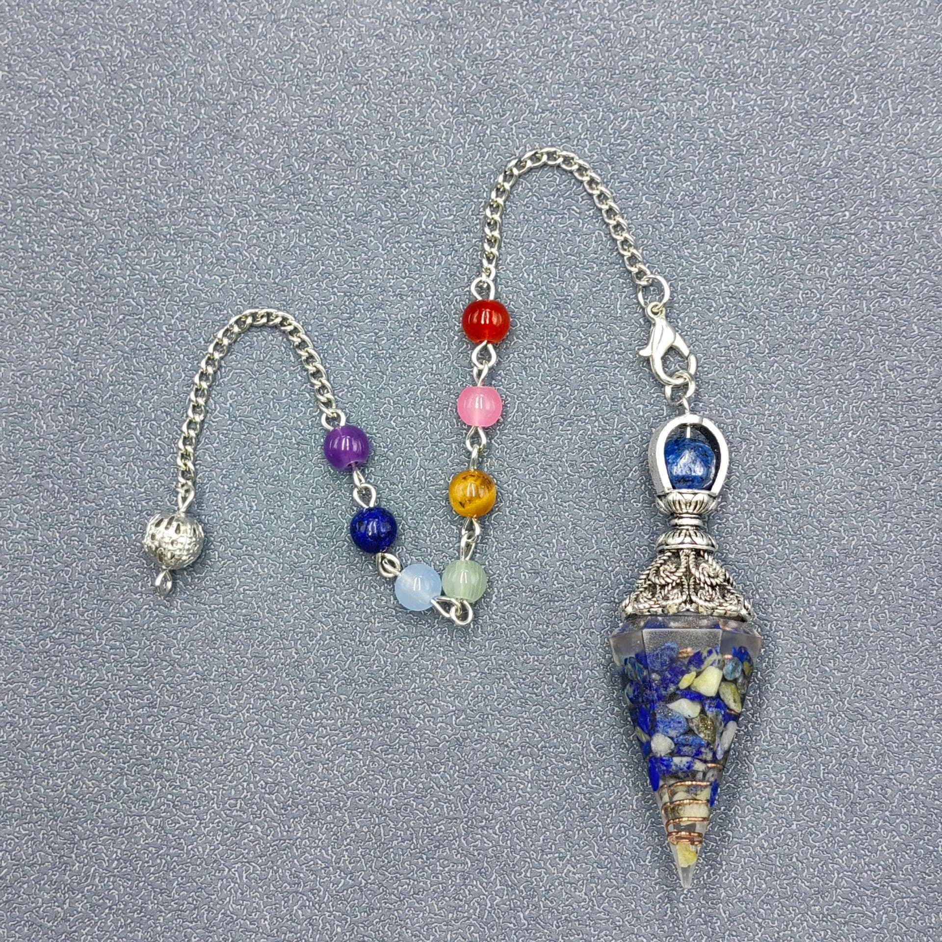 Mio Queena - Wholesale Spiritual Stone/Crystal - Hexagonal Cone Gravel Pendulum with Chakra Chain - CS20
