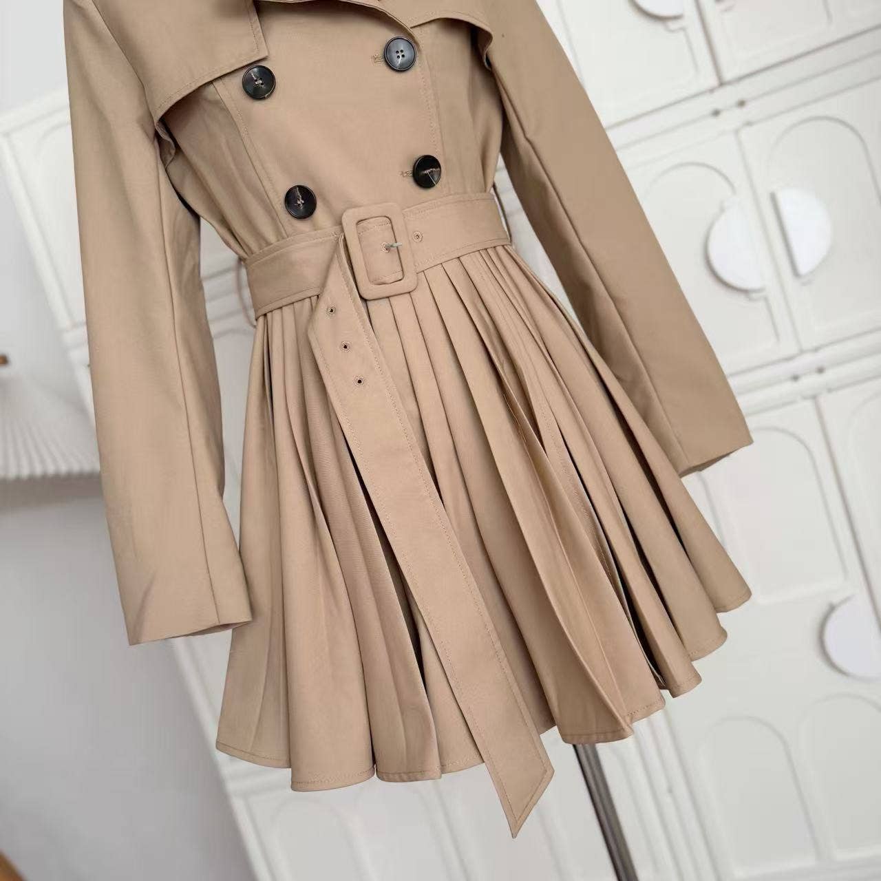Khaki DR898Y Autumn Pleated Dress with Waist Tie for Women for wholesale on Faire5