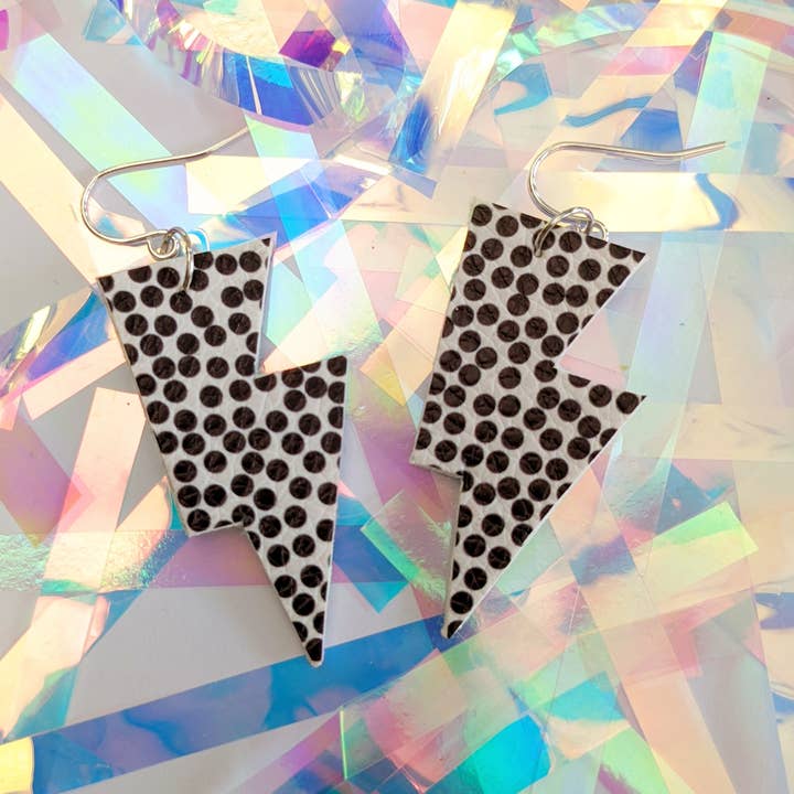 Small Spotty Matte Leatherette Lightning Bolt Earrings for wholesale by All The Discos