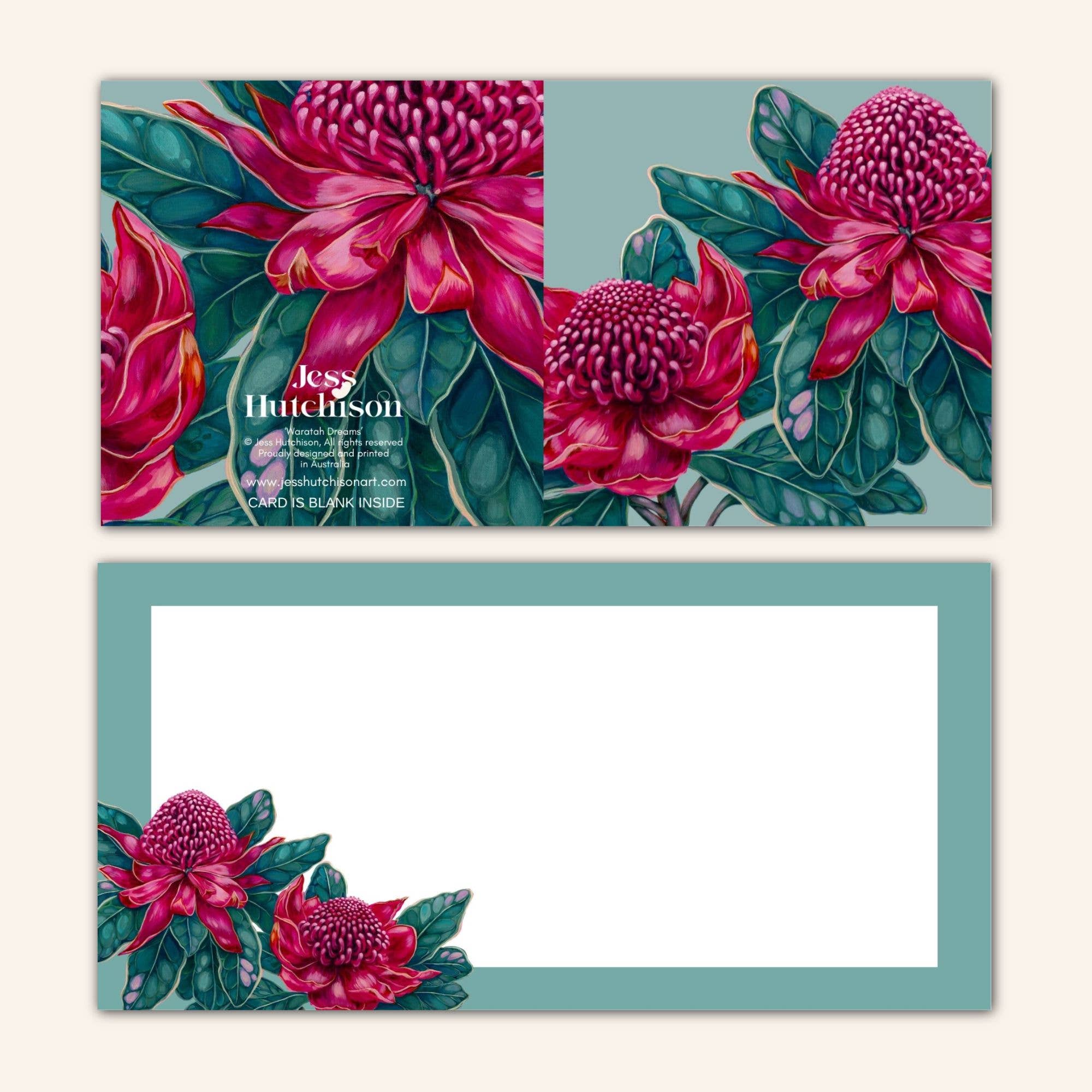 Jess Hutchison Art - Wholesale Everyday greeting card - New design - 'Waratah Dreams' in Green Greeting Card 2