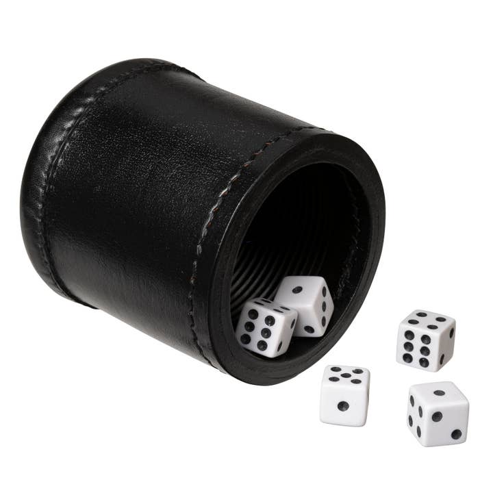 Black WE Games Professional, Leather Dice Cup Set - 5 Dice, Instructions for 10 Dice Games & Cloth Carry Bag for wholesale on Faire5