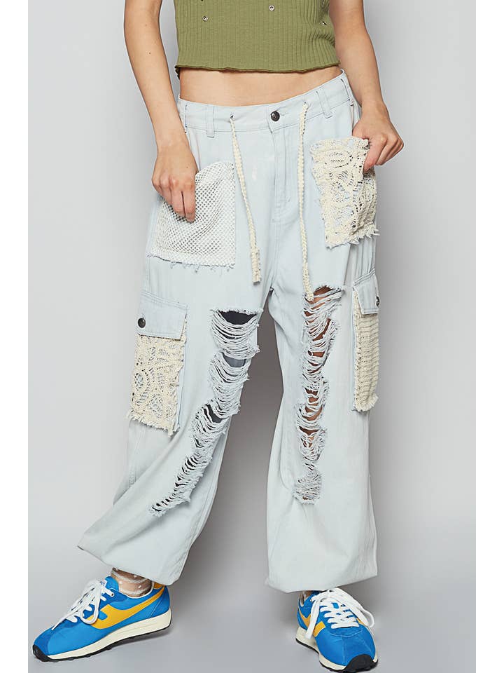 Pol Clothing - Wholesale Pants - Women's - Vintage wash crochet patches distress jogger pants SALE