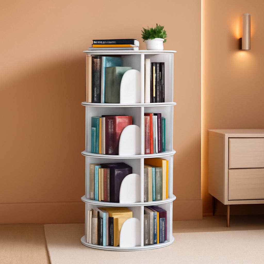 4 Tier Rotating Bookshelf Tower White Spinning Bookcase for wholesale on Faire0