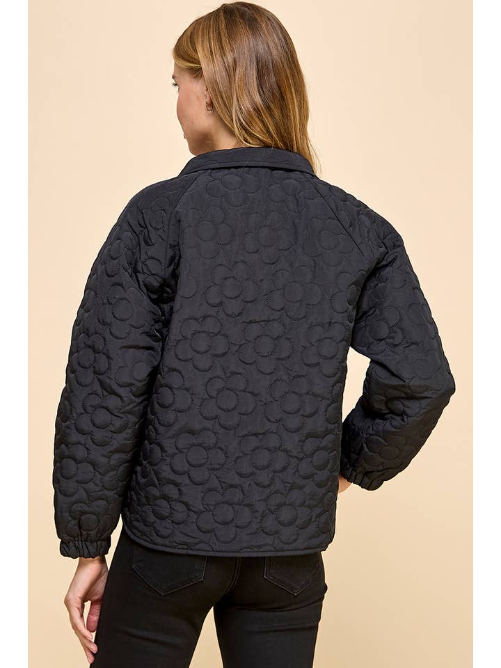 Black CJ6587-Floral Quilted Button Down Jacket for wholesale on Faire