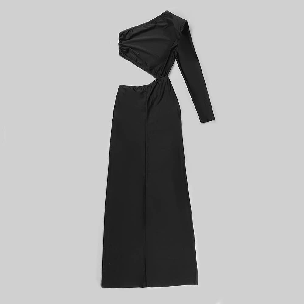 Noir Sanyao Fashion - Robe longue élégante fendue à épaule asymétrique en vente sur Faire15