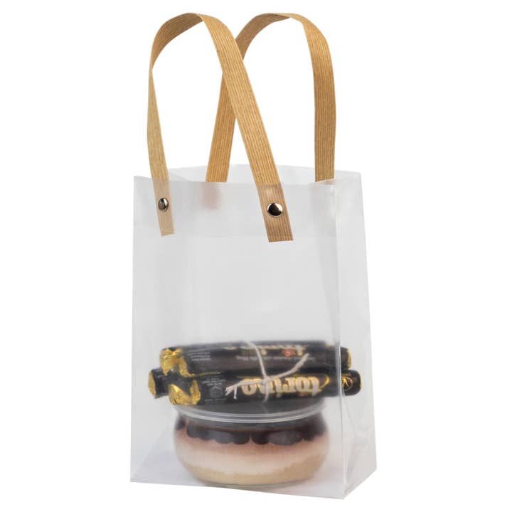 Hammont - Wholesale Gift Bag - Clear Plastic Bag With Brown Straw Handle 7.5X5.25X2.75 Inch