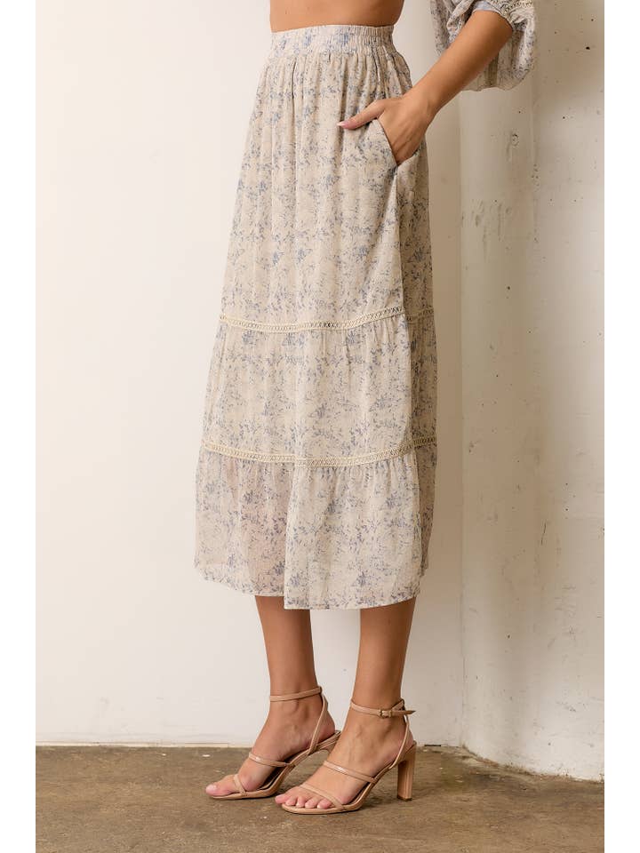 NATURAL MULTI PRINTED ELASTIC WAIST MAXI SKIRT for wholesale on Faire2