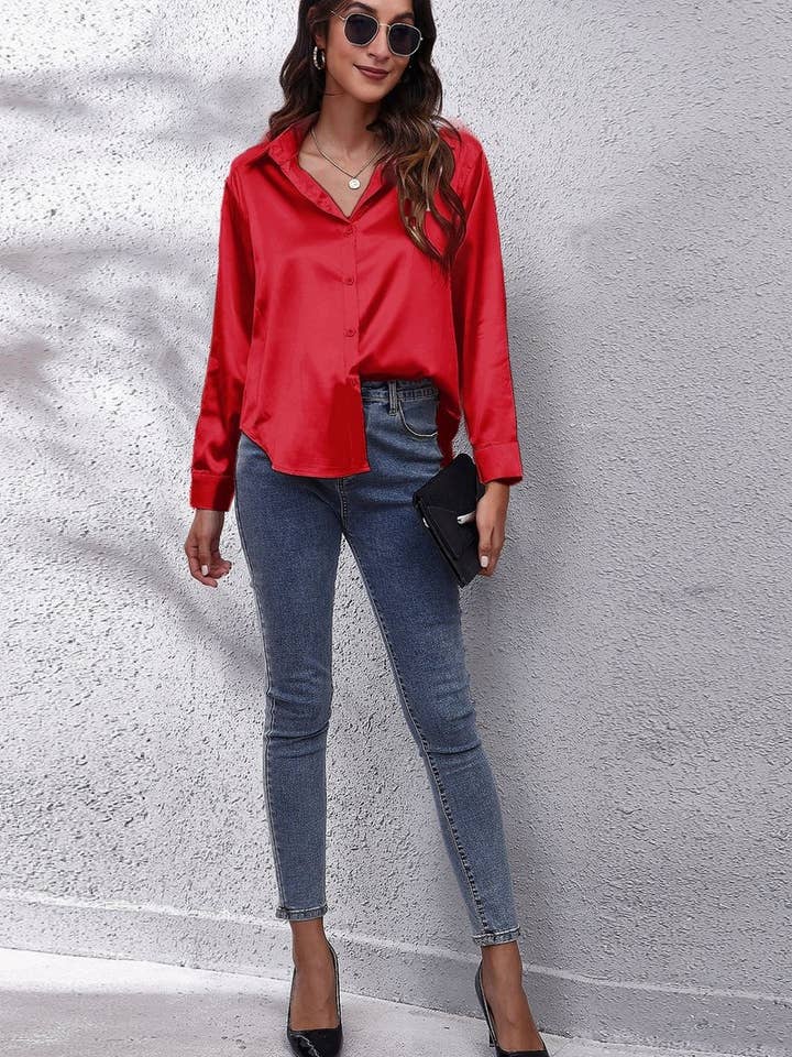 NINEXIS - Wholesale Button Down Shirt - Women's - CWTBLL0691_Button Down Silky Satin Long Sleeve Top67