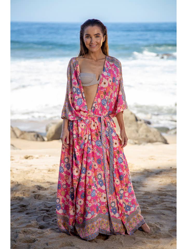 Bali Prema – wholesale Strandkläder – Dam – Strandtäcke Samantha Premium Kaftan Robe med slips i Okinawa Coral