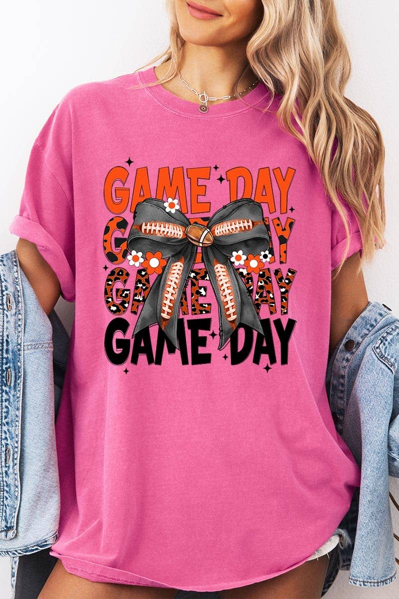 Pink Irene Wholesale – wholesale Tröjor – Dam – Orange Black Football GameDay Bow Plaggfärgad T-shirt3