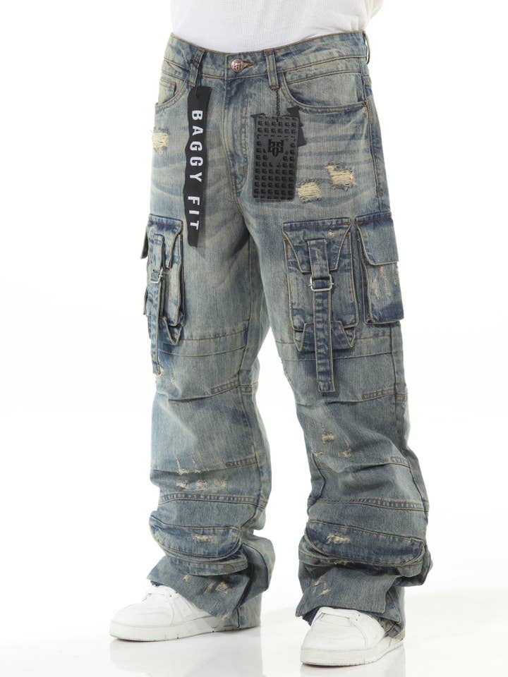 Stylo - Wholesale Jeans - Men's - Khaki Buckled Baggy1