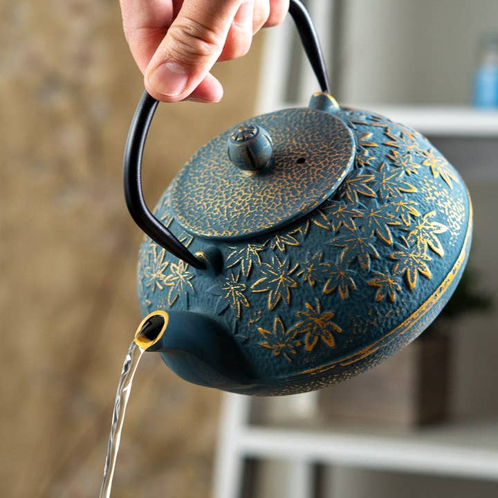 Urban Tokyo - Wholesale Tea Pot - Turquoise Maple Leaves Momiji Design 40oz Cast Iron Tea Pot (1/8)2