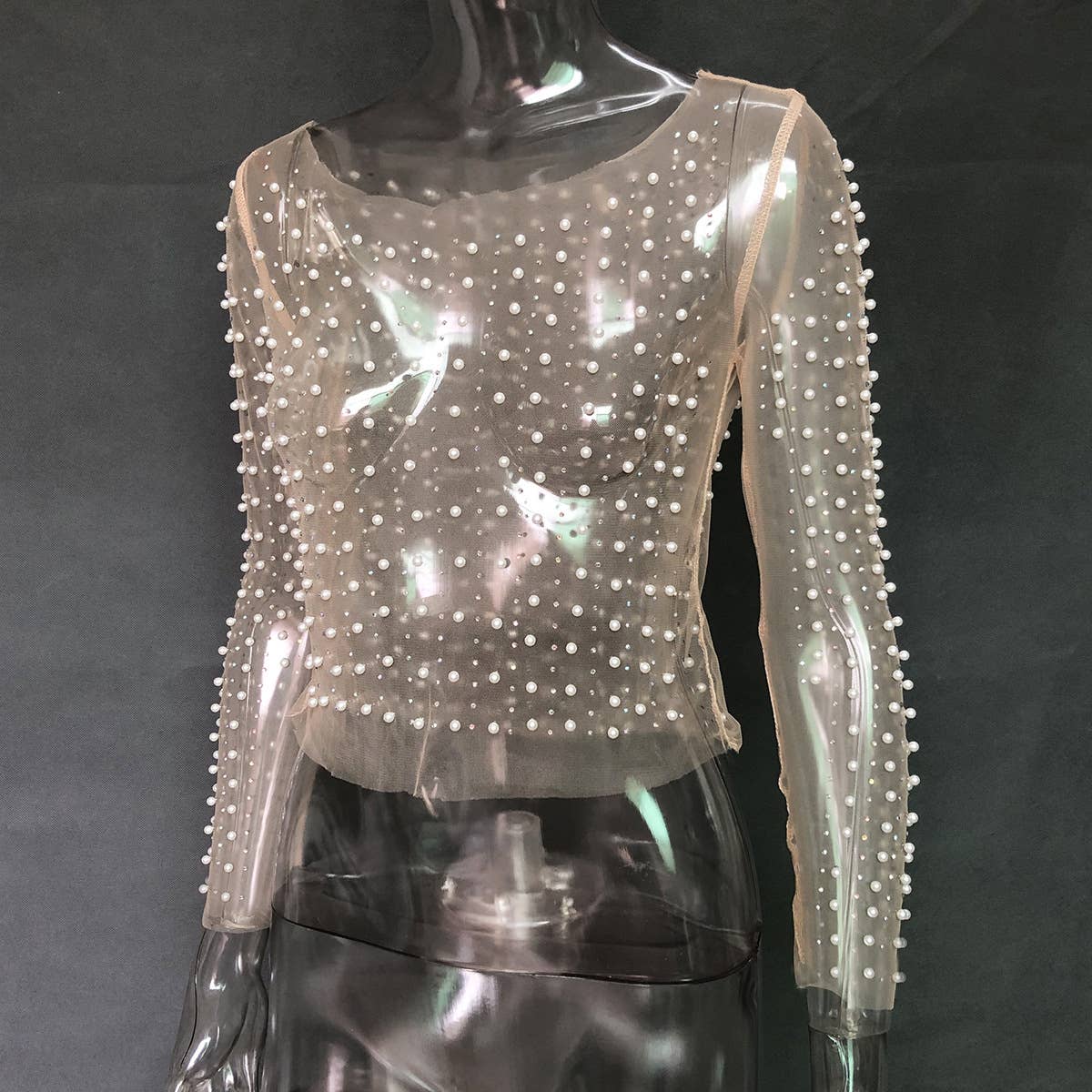 Rosa Clothing - Wholesale Blouse - Women's - pearl rhinestone sheer mesh see through top23