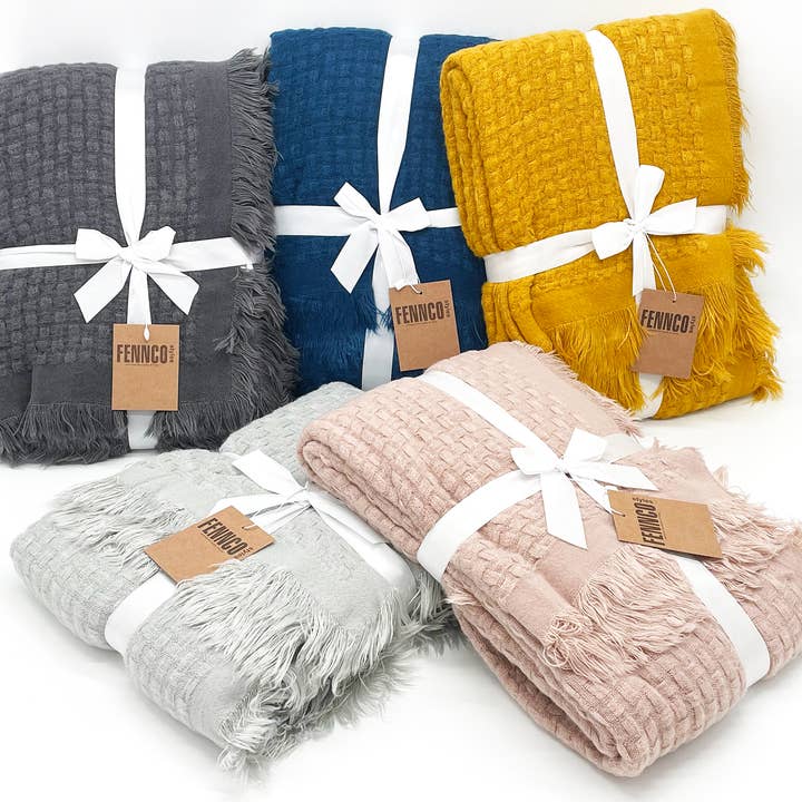 Fennco Styles - Wholesale Throw Blanket - Waffle Weave Solid 50"X60" Throw Blanket with Fringe