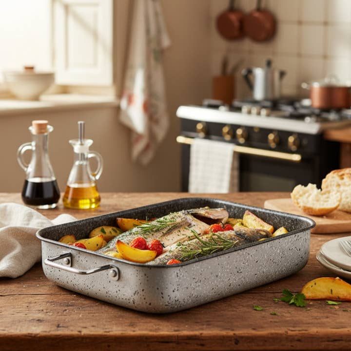 Rostiera antiaderente maneggevole alluminio PFOA free antigraffio pratica cottura veloce made in italy per la vendita all'ingrosso da parte di Mamù Cookware