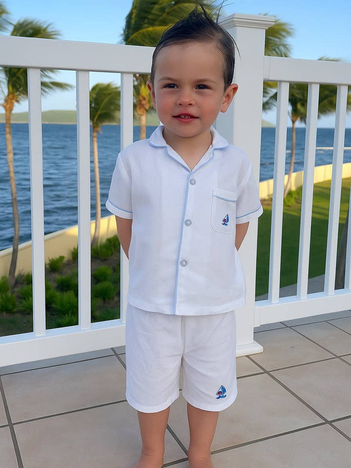 Ship Shape Shorts, Embroidered Sailboat for wholesale by Jacaranda Living