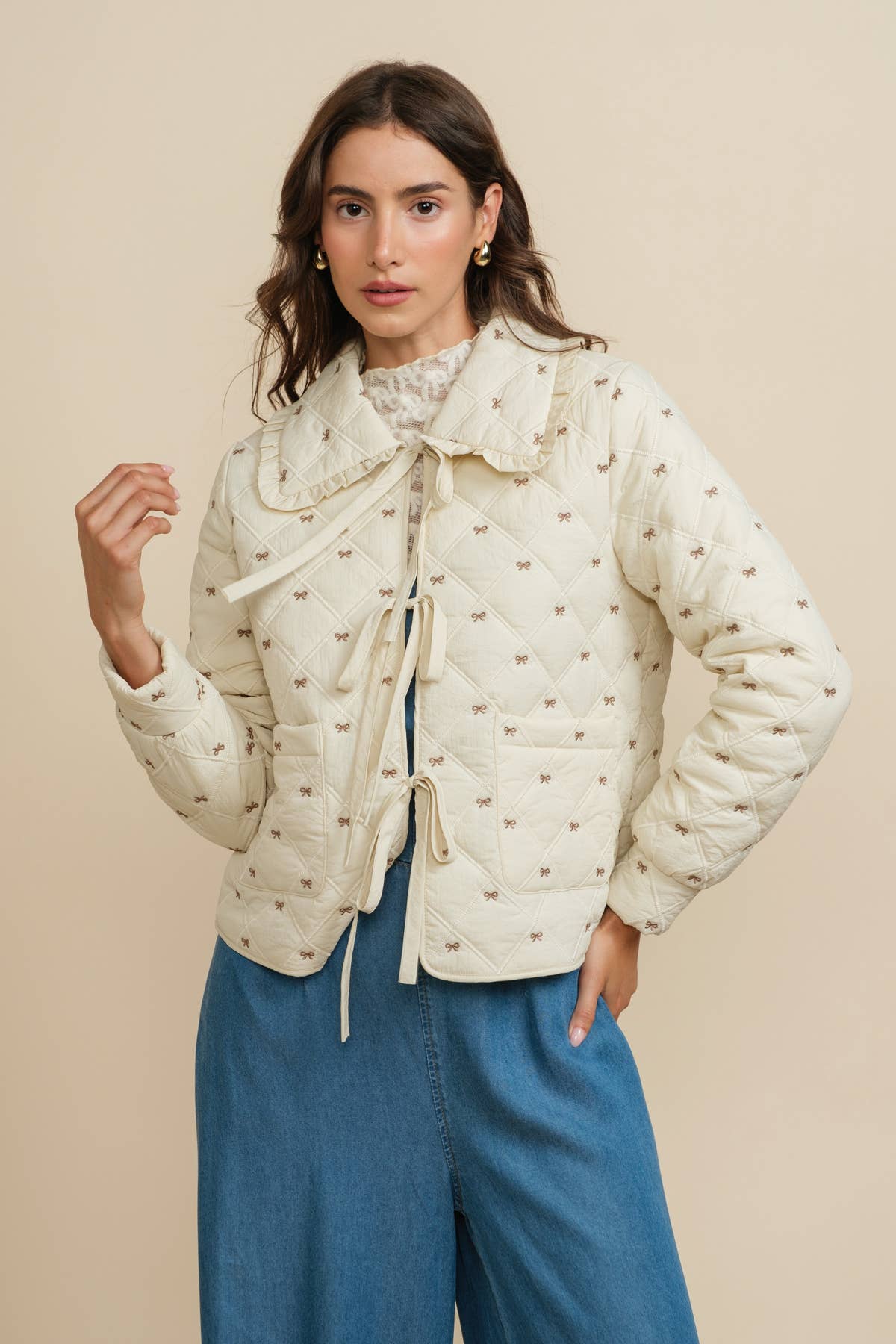 A & SHE - Wholesale Jacket - Women's - Quilted Embroidered Bow Tie Front Jacket with Ruffle Collar