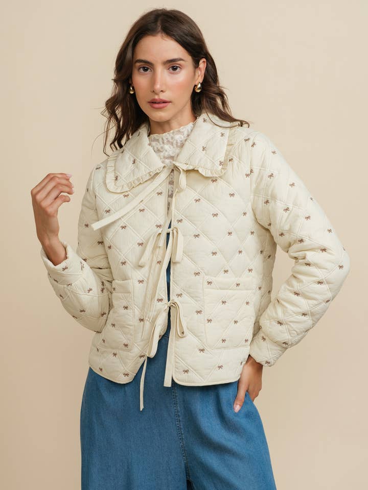 A & SHE - Wholesale Jacket - Women's - Quilted Embroidered Bow Tie Front Jacket with Ruffle Collar0