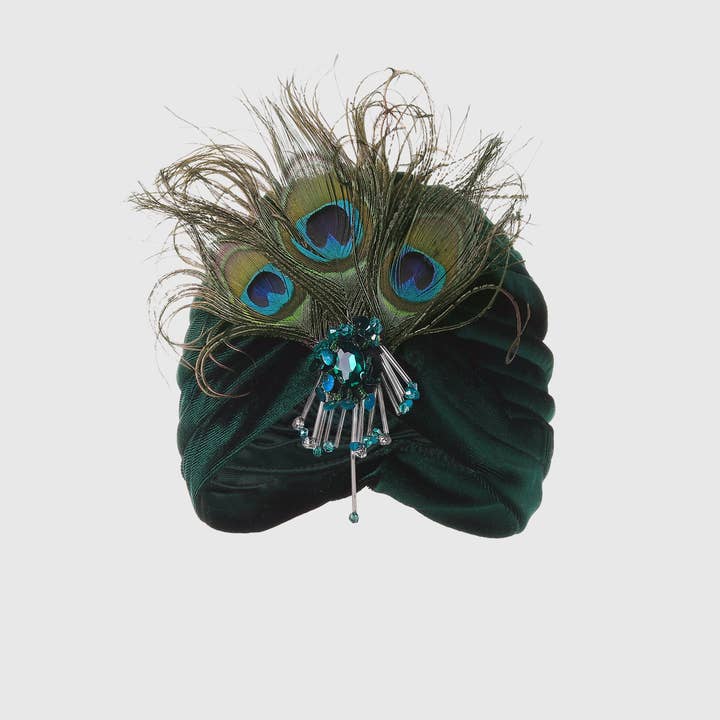 Dark Green 1920s Peacock Sequin Turban Hat for wholesale on Faire