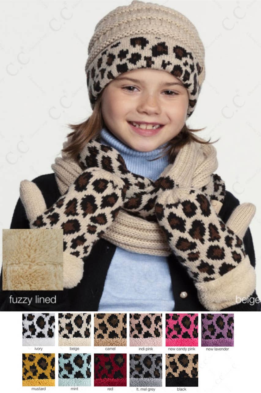 Hana - Wholesale Mittens - Kids - C.C Kids Knitted Leopard Fuzzy Lining Cuff Mitten8