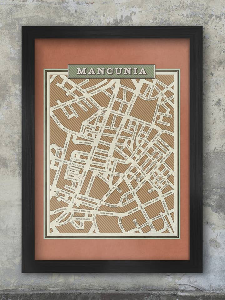 Mancunia - Famous Names Street Map Print for wholesale by The Northern Line