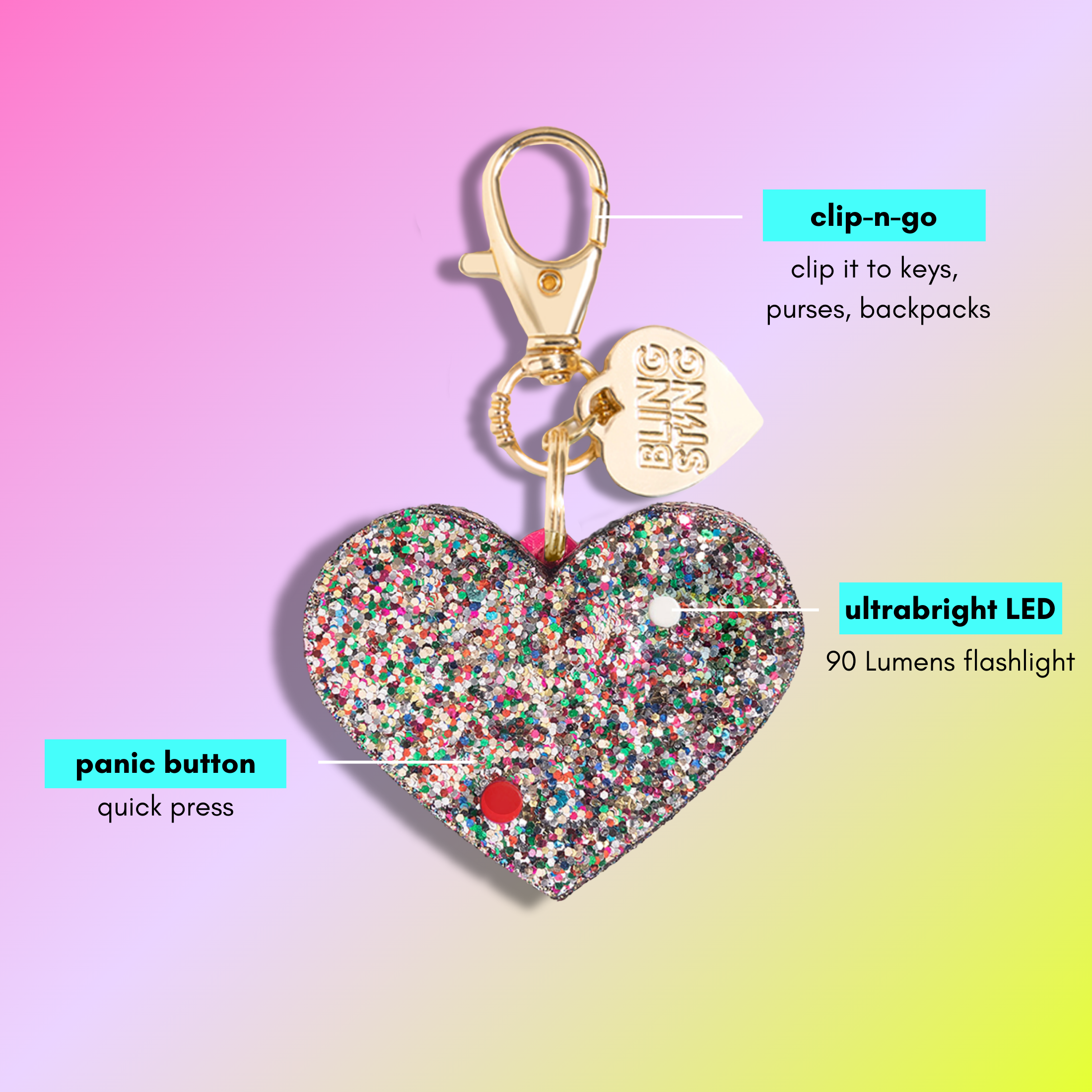 BLINGSTING - Wholesale Safety Alarm/Gear - Safety Alarm | Confetti Glitter Heart1