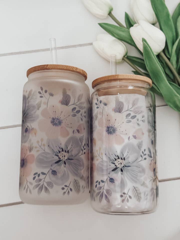 Spring Floral 16oz Glass Cup with Bamboo Lid for wholesale by Emma K Designs