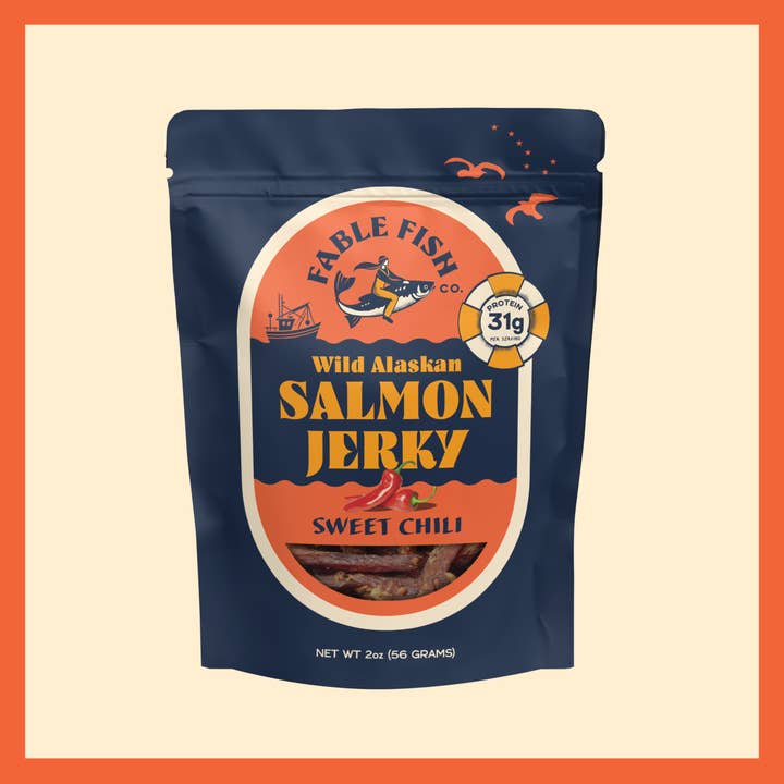 Sweet Chili Wild Alaskan Sockeye Salmon Jerky (in a Caddy) for wholesale by Fable Fish Company