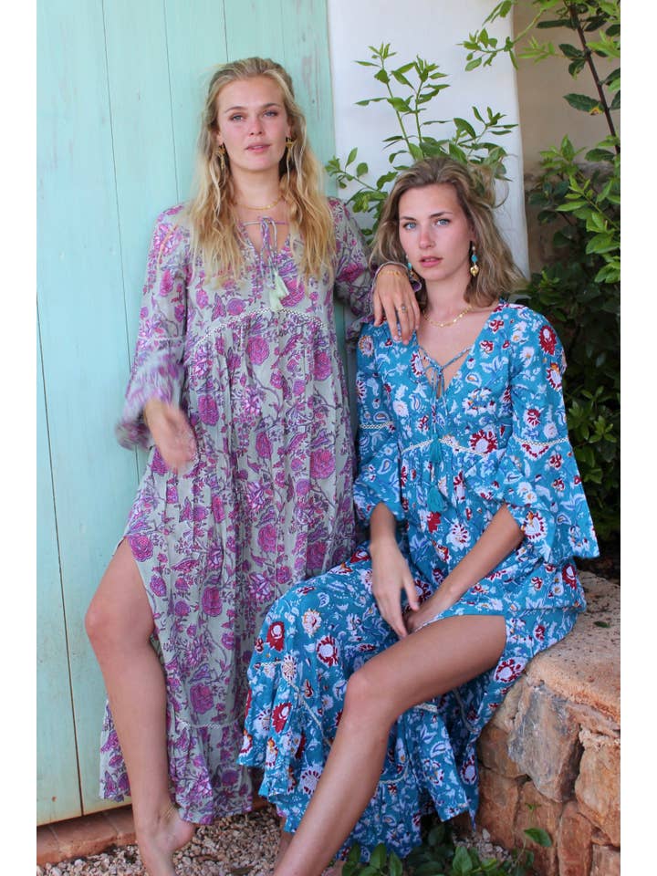 Aurobelle Ibiza - Wholesale Dress - Women's - Byron boho dress long in Jaipur blue hand block print