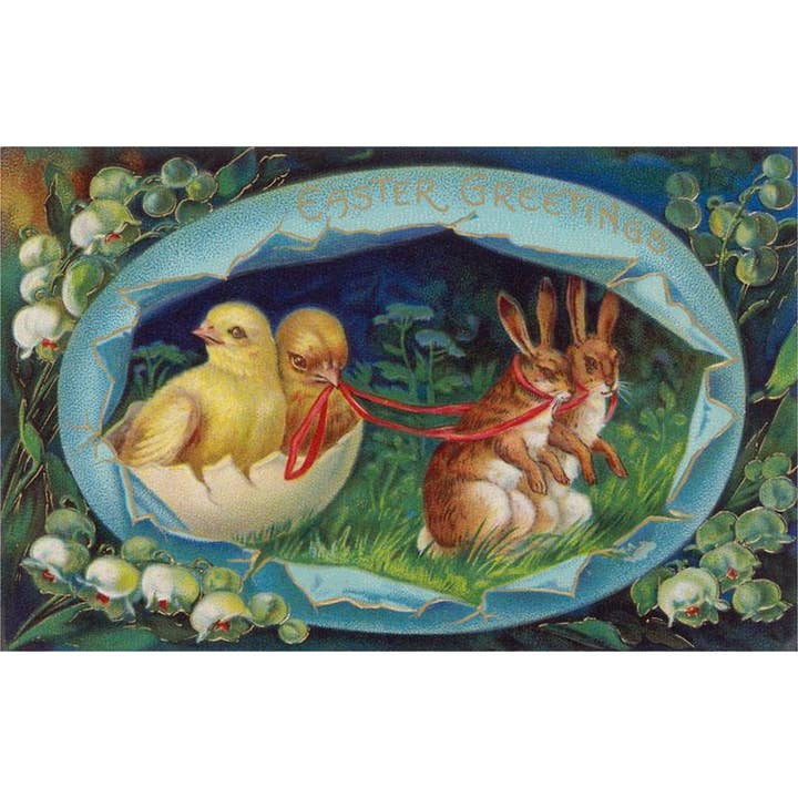 Carte postale EA-301 Lapins tirant des poussins dans un carrosse en coquille d'œuf, pour la vente par Found Image Press
