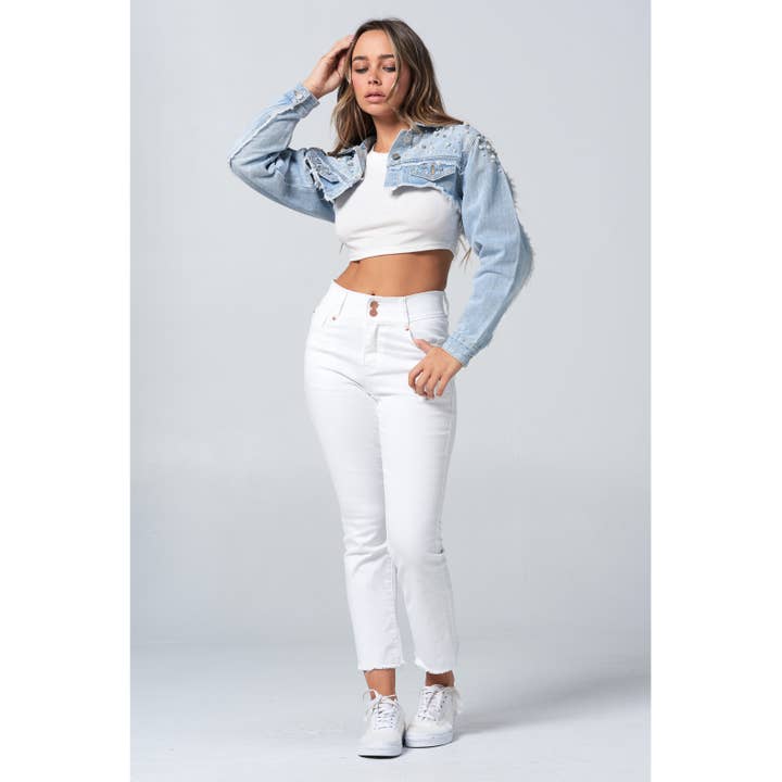 Blue Turtle - Wholesale Denim Jacket - Women's - Diamond Pearl and Rhinestone Super Crop Denim Jacket Light JK22075