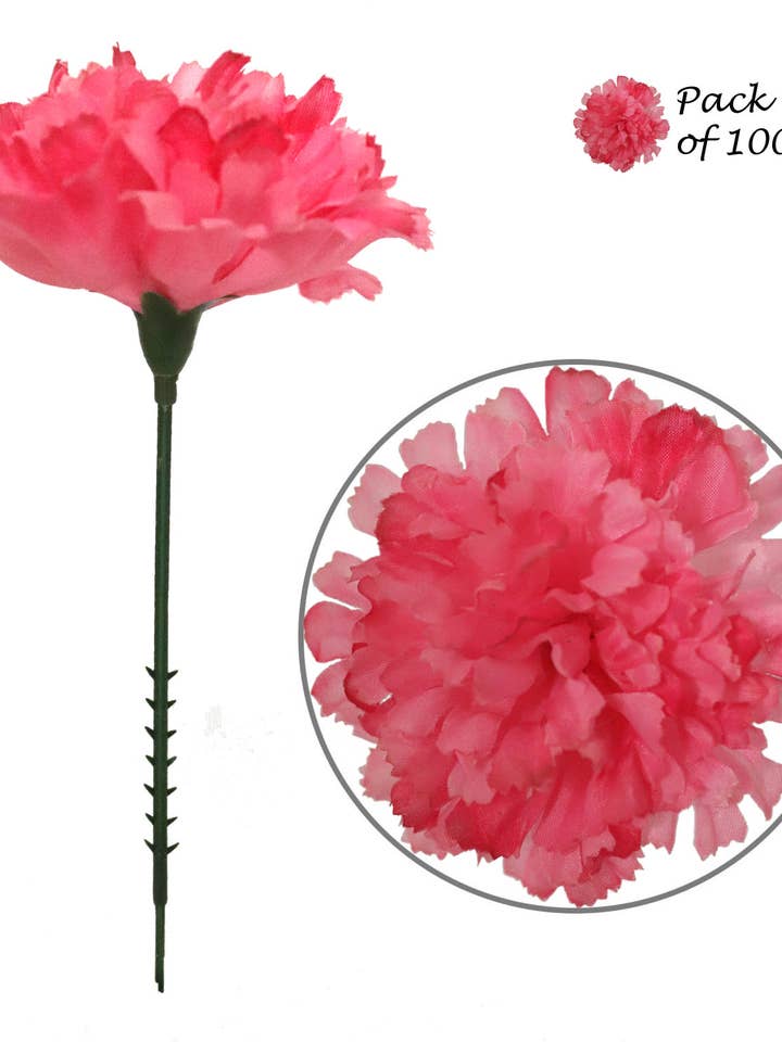 100-Pack: Hot Pink Carnation Picks, 5" Stems, 3.5" Wide for wholesale by Larksilk