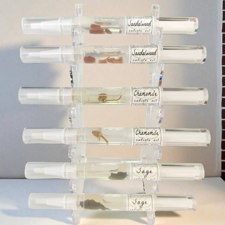 Cuticle Oil 6 Slot Display + 12 Sage, Cham, Sandalwood Pens for wholesale by Greenmade goods