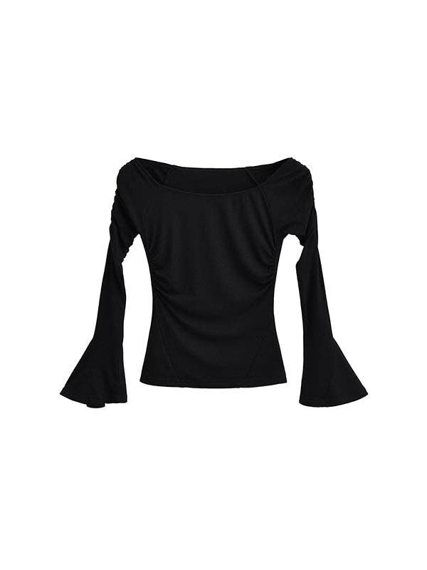 UZ Wholesale Store – Engroshandel Strikket top - Dame – Plisserede ensfarvede blussede ærmer Lange ærmer Bådhals T-