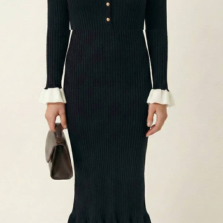 Ribbed Knit Midi Dress with Ruffled Collar, Button Front and Flared Hem for wholesale by Modenaire