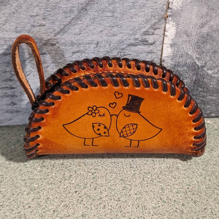 Lovebirds mini clutch purse for wholesale by Tiger Mountain Leatherworks