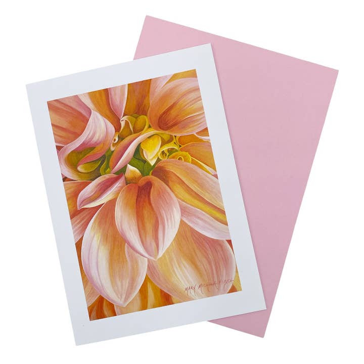 Carte de vœux vierge Dahlia « Sherwood's Peach » pour la vente par Mary Michola Fibich Fine and Fiber Art