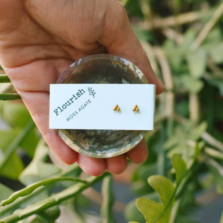 SoulKu - Wholesale Jewelry Set - Gold Trio Stud Earrings & Moss Agate Bowl Gift Set2