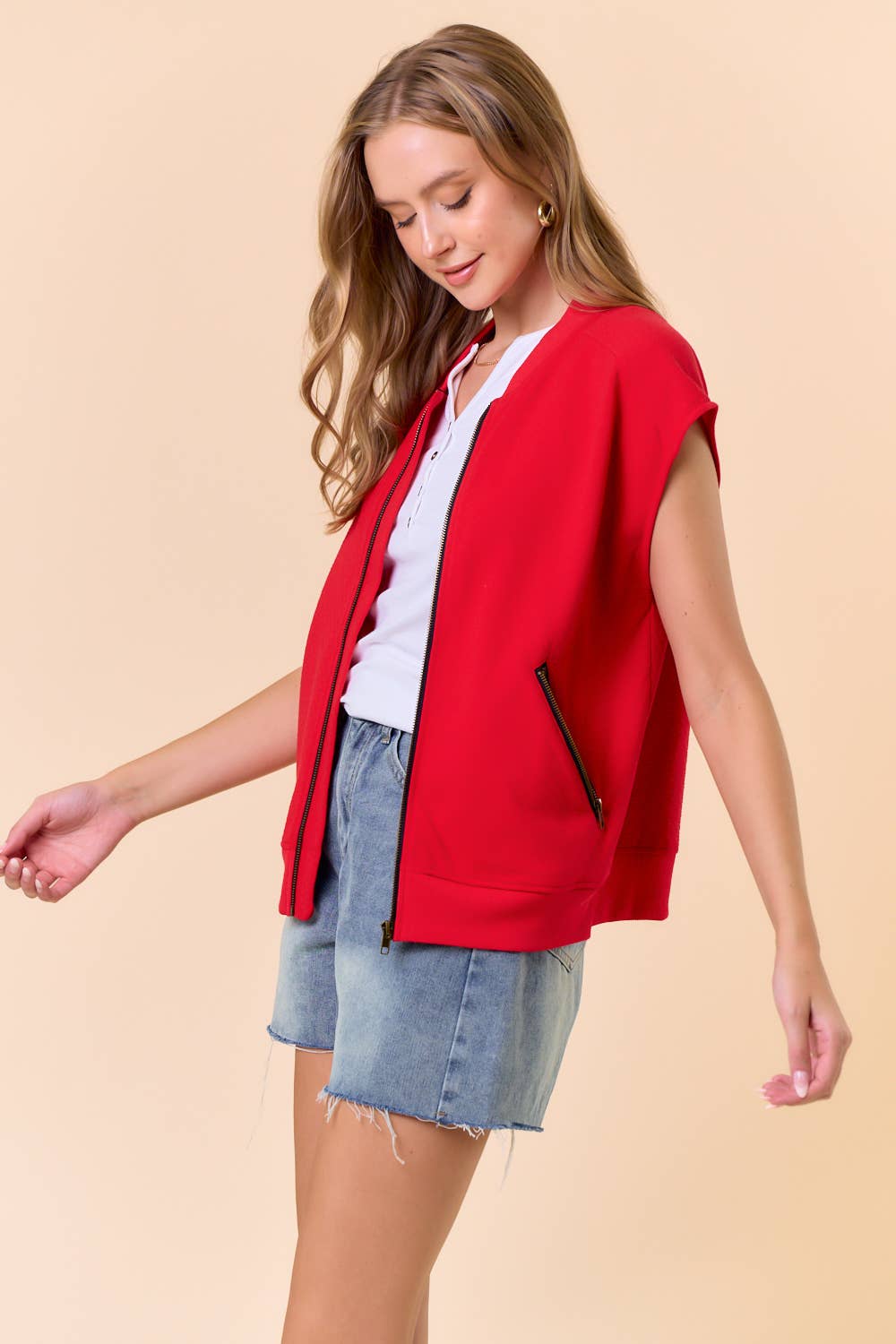 Red Round Neck Front Zip Closure Fleeced Vest - 10608J-1 for wholesale on Faire2