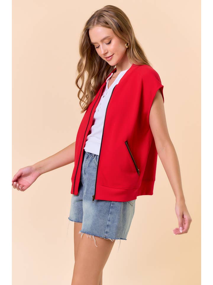 Red Round Neck Front Zip Closure Fleeced Vest - 10608J-1 for wholesale on Faire2
