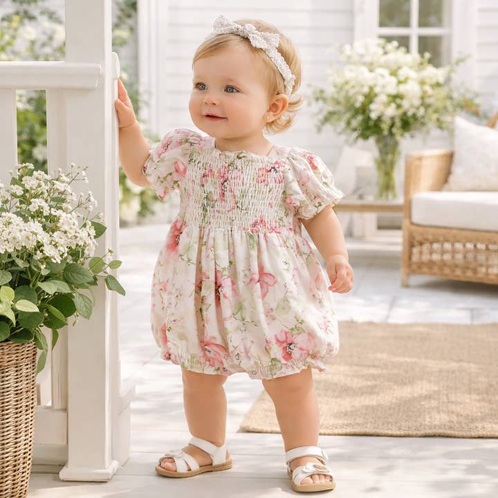 Blush Bouquet Smocked Bodice Puff Sleeve Baby Girl Romper for wholesale by Tesa Babe