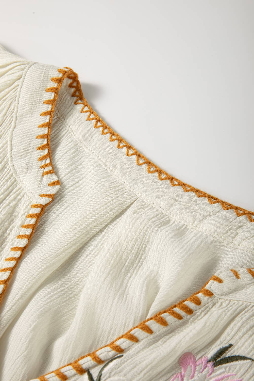 Beige Floral Embroidered Textured Spring Puff Sleeve Loose Shirt for wholesale on Faire12