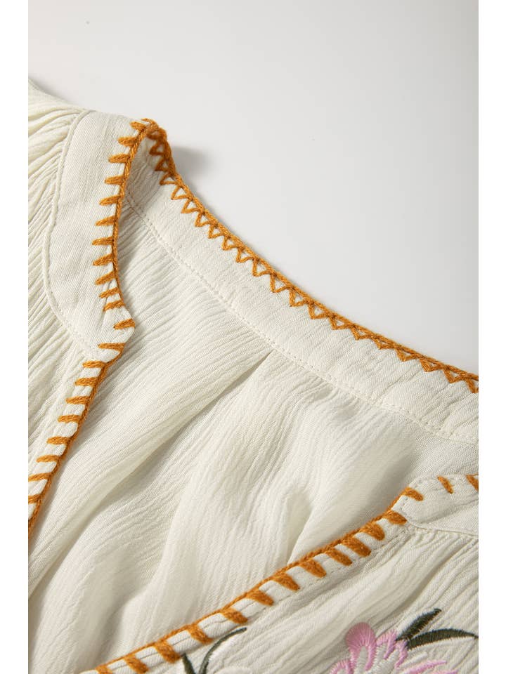 Beige Floral Embroidered Textured Spring Puff Sleeve Loose Shirt for wholesale on Faire12