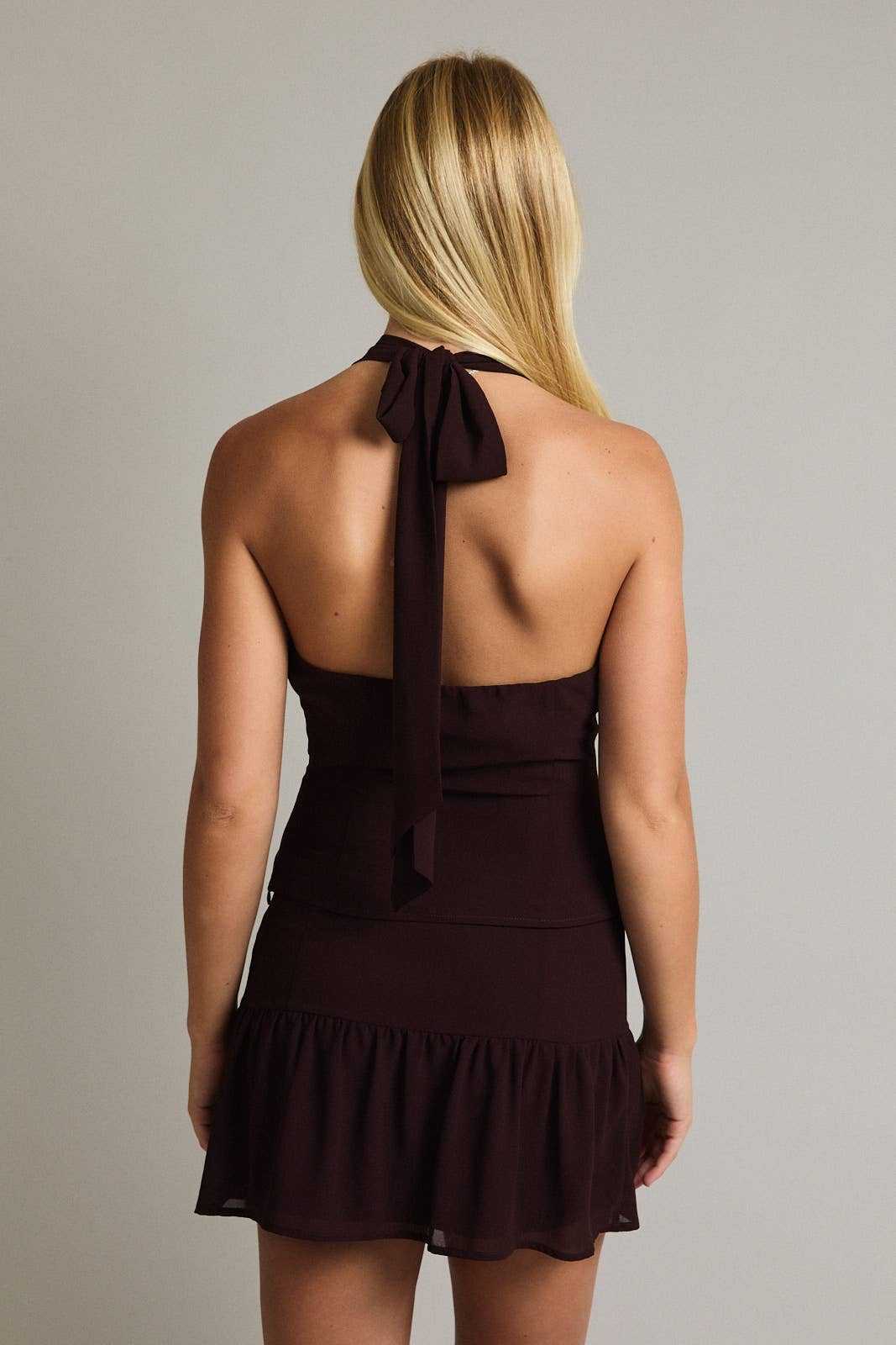 Marron Haut à col halter Jupe en chiffon taille mi-haute en vente sur Faire3