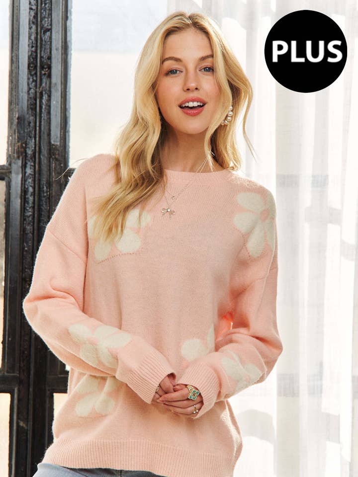 CESW2648X - PLUS SIZE PUFF FLORAL SWEATER TOP for wholesale by ADORA LA