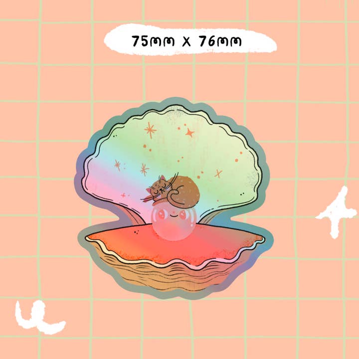 Bloemkolie - Wholesale Sticker - Holographic Oyster & Cat Vinyl Sticker (Waterproof, dishwash3