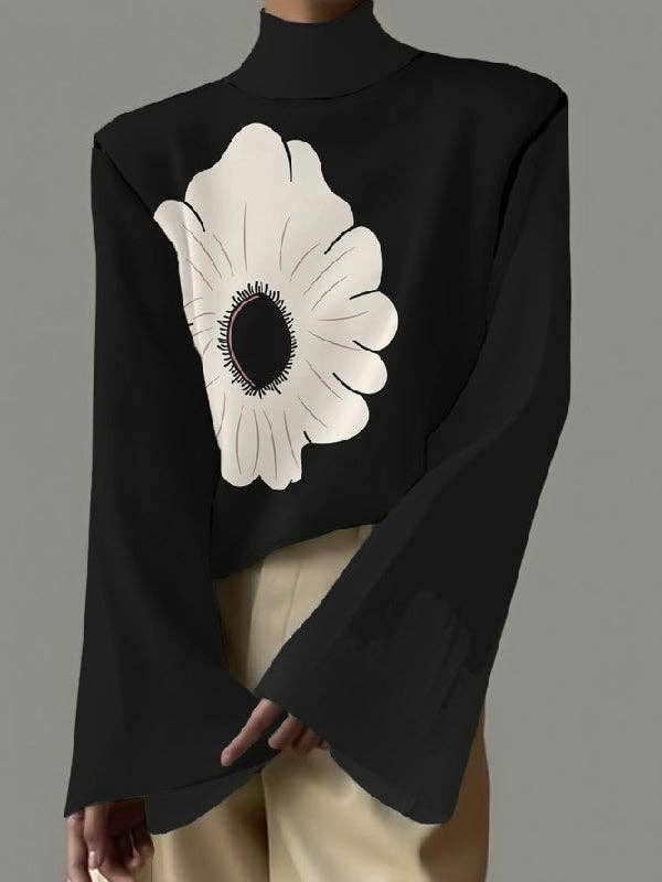 BLACK Flared Sleeves Flower Print High-Neck T-Shirts Tops for wholesale on Faire