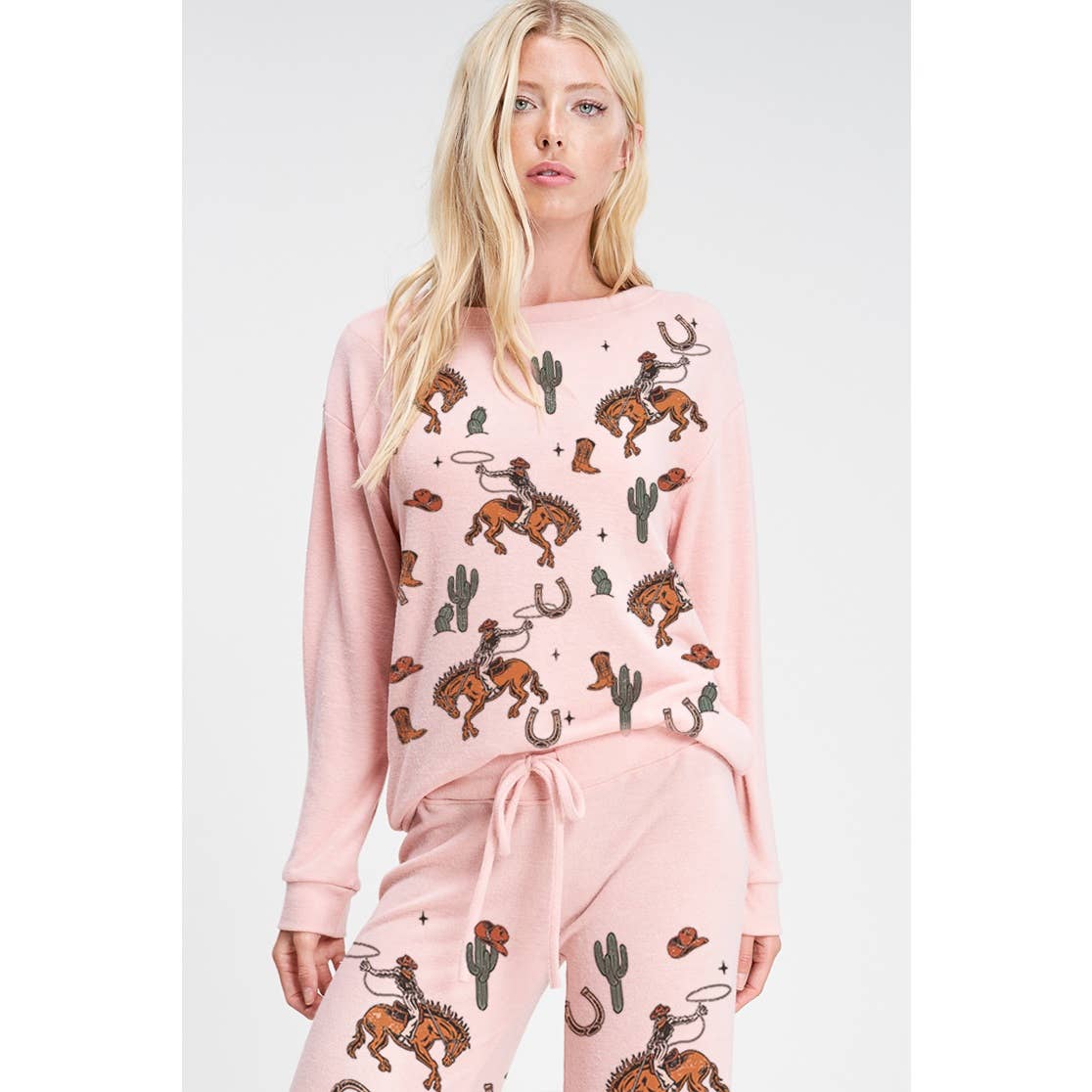 Phil Love - Wholesale Lounge Set - Women's - Cowgirl cactus print soft brushed loungewear set 9