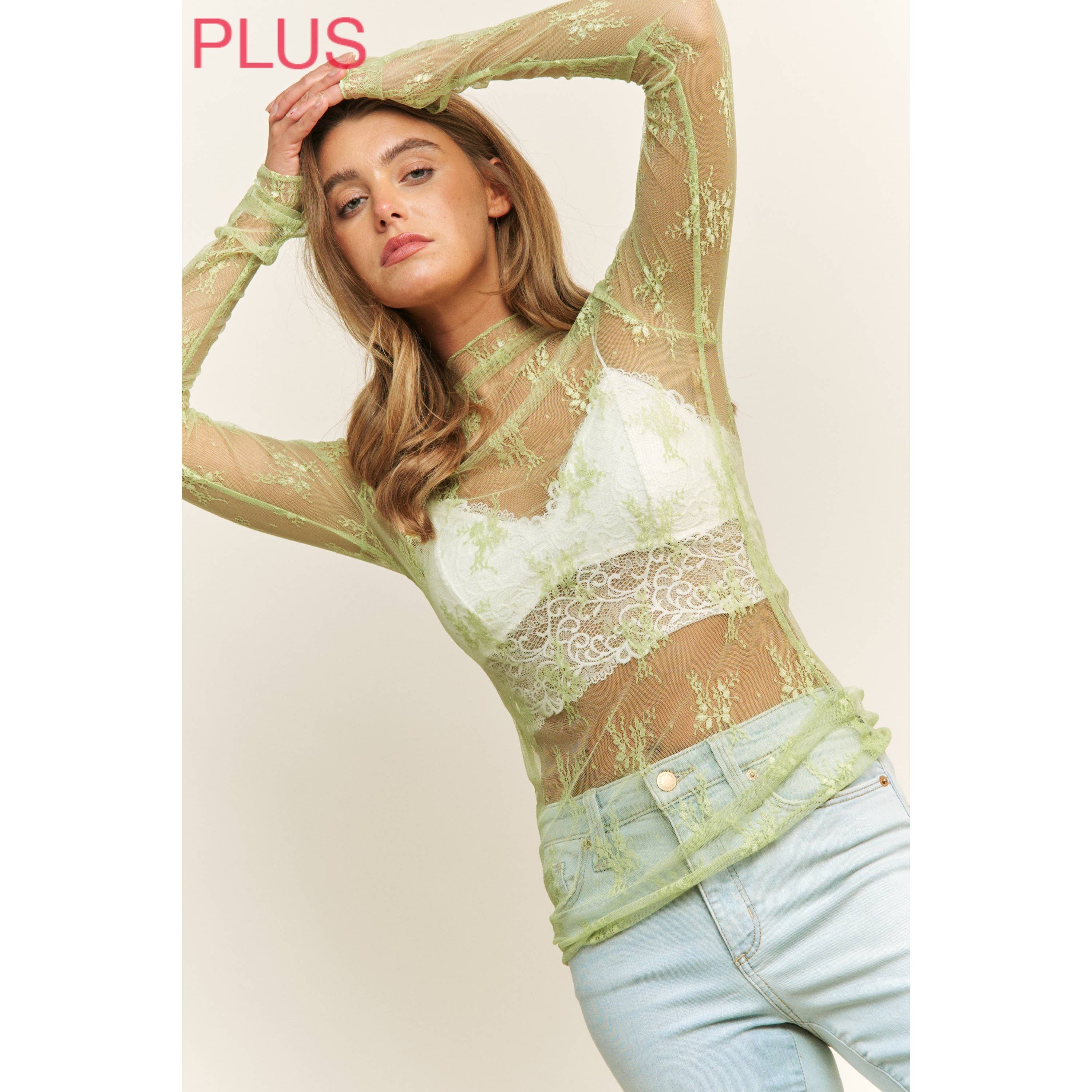 Sweet Generis - Wholesale Knit Top - Women's - PLUS MESH LACE HIGH NECK DESIGN LONG SLEEVE FITTED TOP10