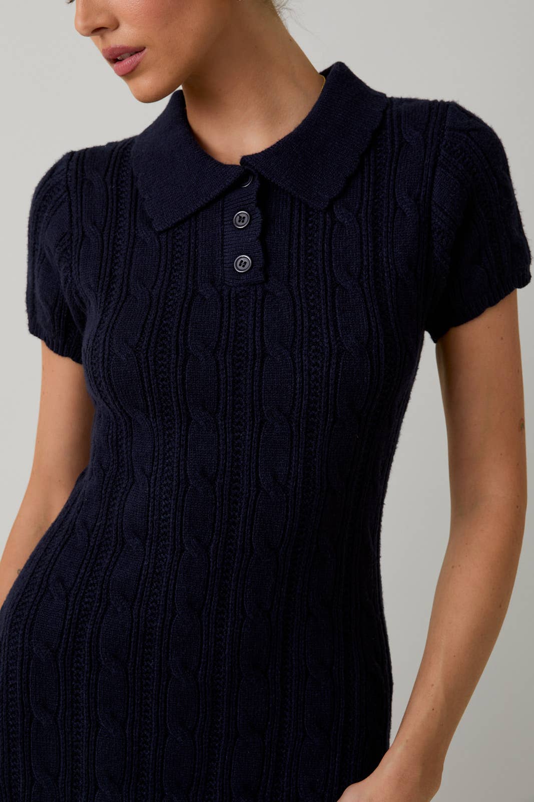 NAVY COLLAR SCALLOP DETAIL CABLE KNIT SWEATER MIDI DRESS for wholesale on Faire4